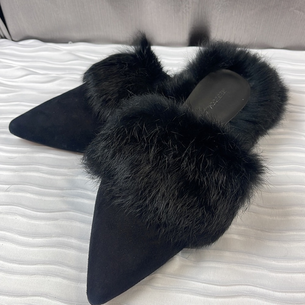 Rebecca Minkoff Rafferty Mules with fur. Black kid suede/ Rabbit Fur. Size 7.5 M - Picture 9 of 9